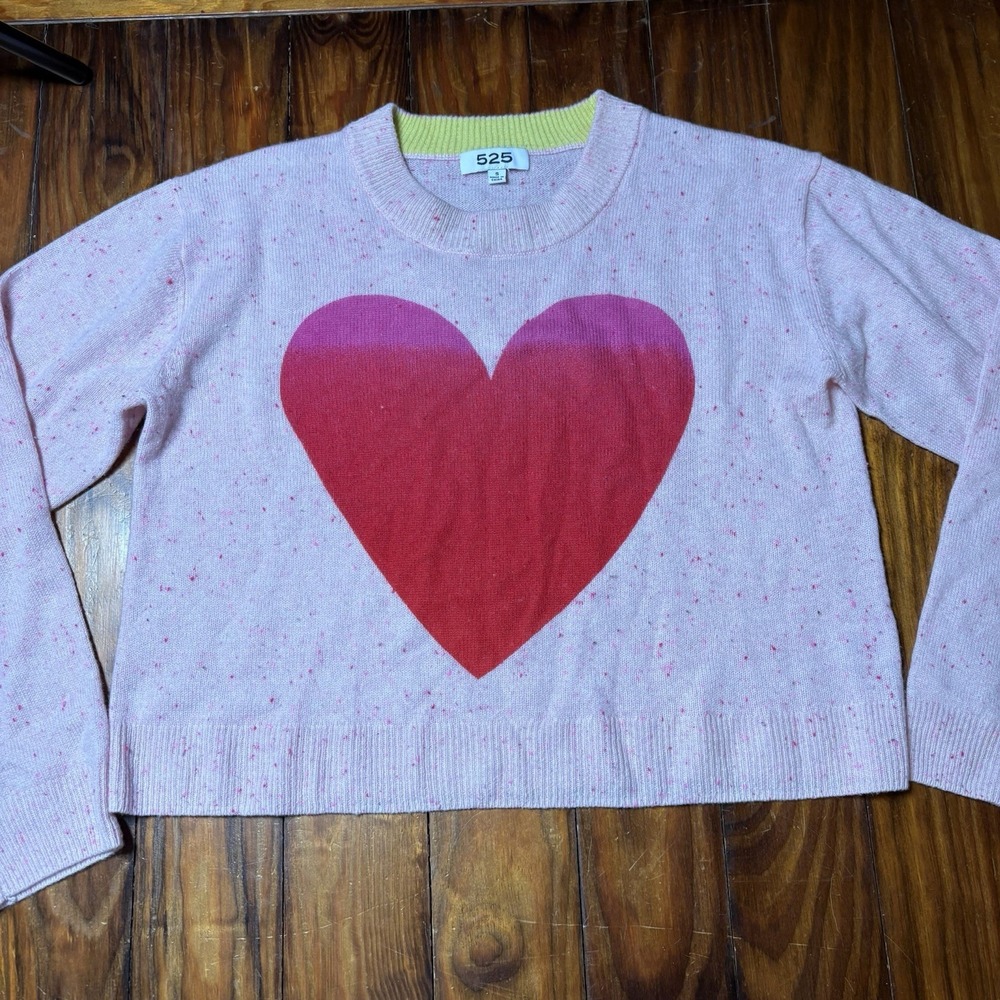 525 Pink Red Heart Pullover Cropped 100% Cashmere Sweater Sz S A1692